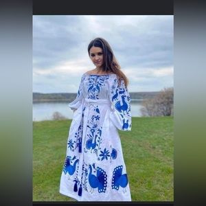 Custom made embroidered dress - Ukrainian vyshyvanka with peacocks motif
